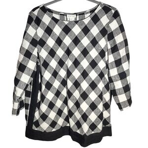 J Jill Womens Linen Blend Buffalo Plaid LS Tunic Top Size L Black White